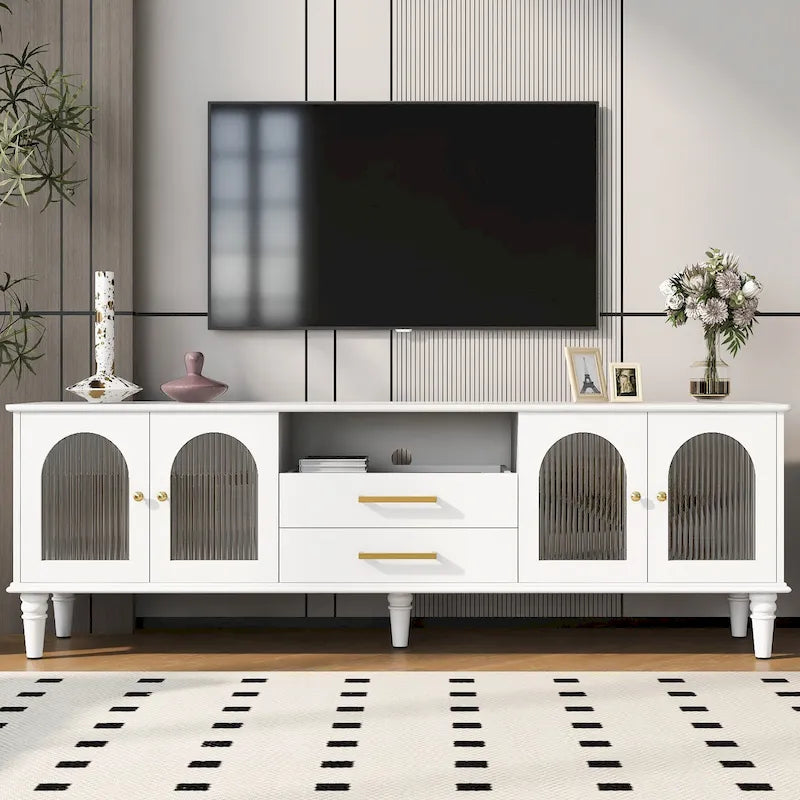 68.9" Retro TV Stand for up to 75" TVs - Arched Fluted Glass Doors with 2 Drawers - Entertainment Center with Cable Management