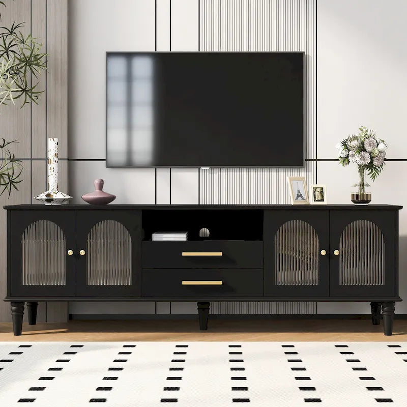 68.9 Retro TV Stand for TVs up to 75 Inches, Entertainment Center Media Console with Arched Style Fluted Glass Doors, 2Drawers