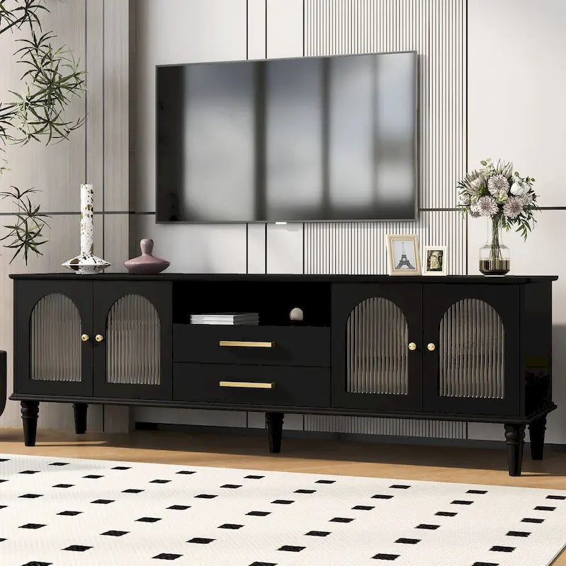 68.9" Retro TV Stand for up to 75" TVs - Arched Fluted Glass Doors with 2 Drawers - Entertainment Center with Cable Management