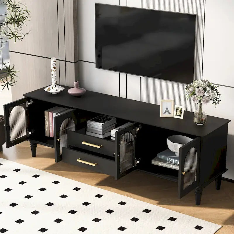 68.9" Retro TV Stand for up to 75" TVs - Arched Fluted Glass Doors with 2 Drawers - Entertainment Center with Cable Management