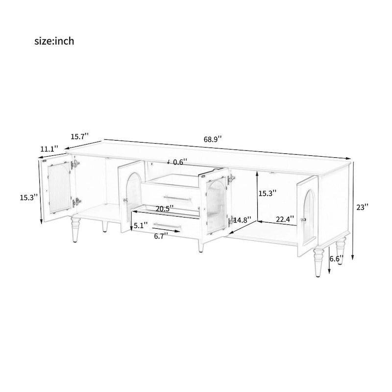 68.9" Retro TV Stand for up to 75" TVs - Arched Fluted Glass Doors with 2 Drawers - Entertainment Center with Cable Management