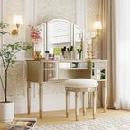 Vanity Set with Triple Mirror - 5 Drawers, Acacia Wood Legs, Upholstered Stool, French-Inspired, Engineered Wood
