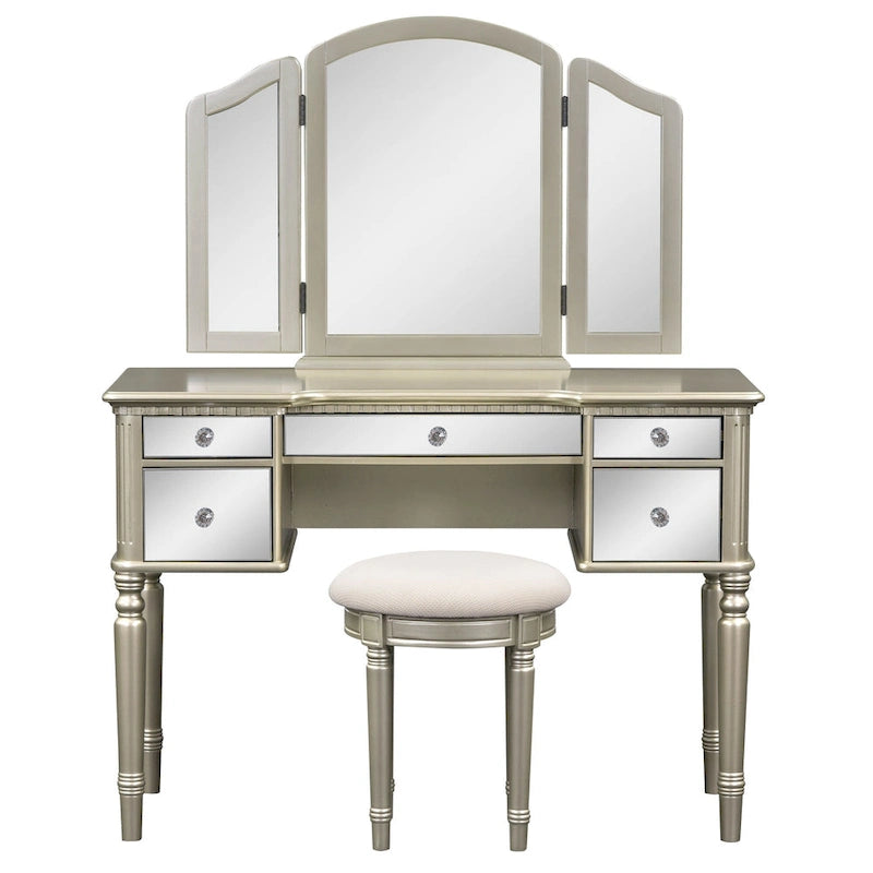 Vanity Set with Triple Mirror - 5 Drawers, Acacia Wood Legs, Upholstered Stool, French-Inspired, Engineered Wood