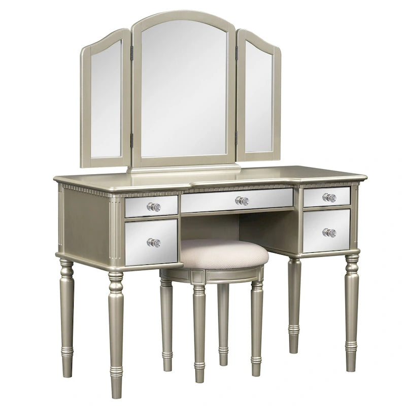 Vanity Set with Triple Mirror - 5 Drawers, Acacia Wood Legs, Upholstered Stool, French-Inspired, Engineered Wood