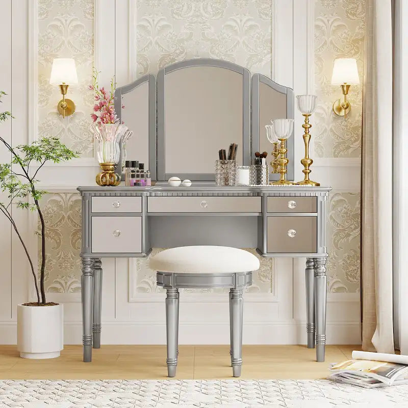 Vanity Set with Triple Mirror - 5 Drawers, Acacia Wood Legs, Upholstered Stool, French-Inspired, Engineered Wood