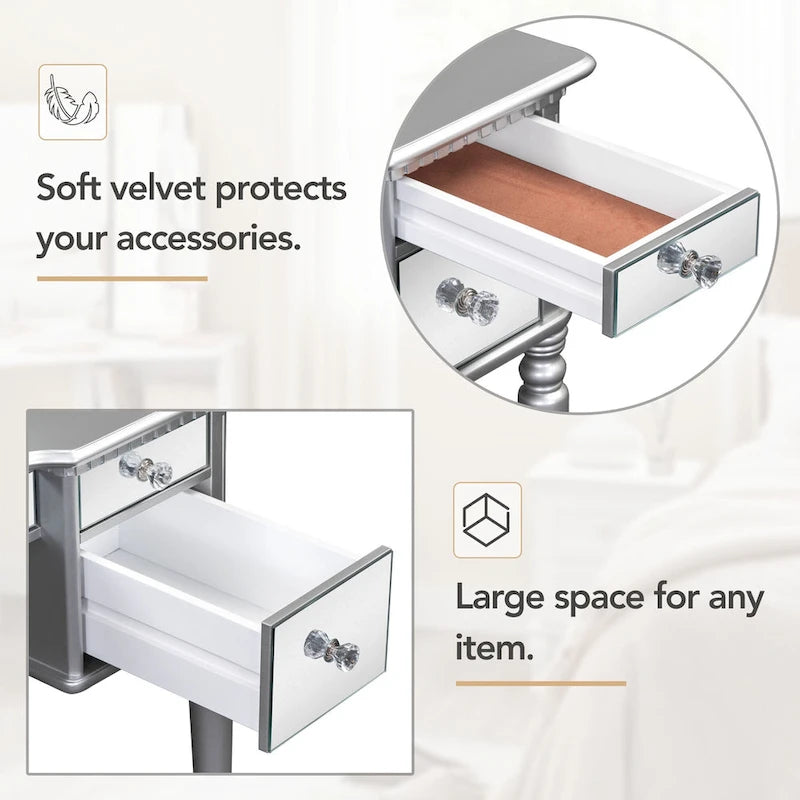 Vanity Set with Triple Mirror - 5 Drawers, Acacia Wood Legs, Upholstered Stool, French-Inspired, Engineered Wood