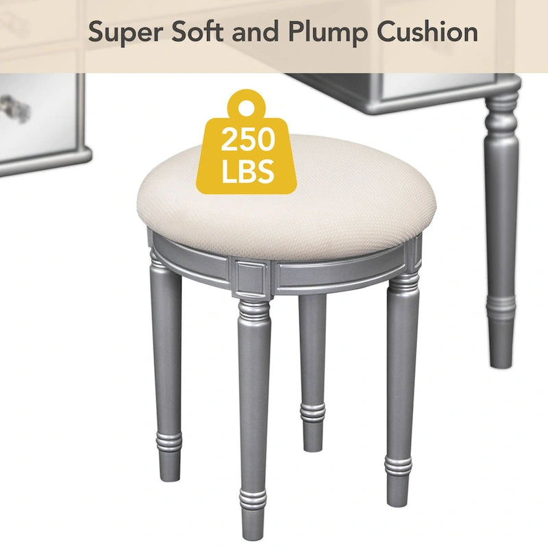 Vanity Set with Triple Mirror - 5 Drawers, Acacia Wood Legs, Upholstered Stool, French-Inspired, Engineered Wood