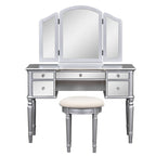 Vanity Set with Triple Mirror - 5 Drawers, Acacia Wood Legs, Upholstered Stool, French-Inspired, Engineered Wood