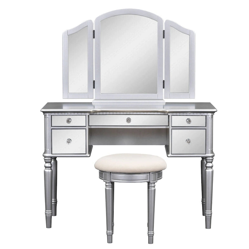 Vanity Set with Triple Mirror - 5 Drawers, Acacia Wood Legs, Upholstered Stool, French-Inspired, Engineered Wood