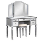Vanity Set with Triple Mirror - 5 Drawers, Acacia Wood Legs, Upholstered Stool, French-Inspired, Engineered Wood