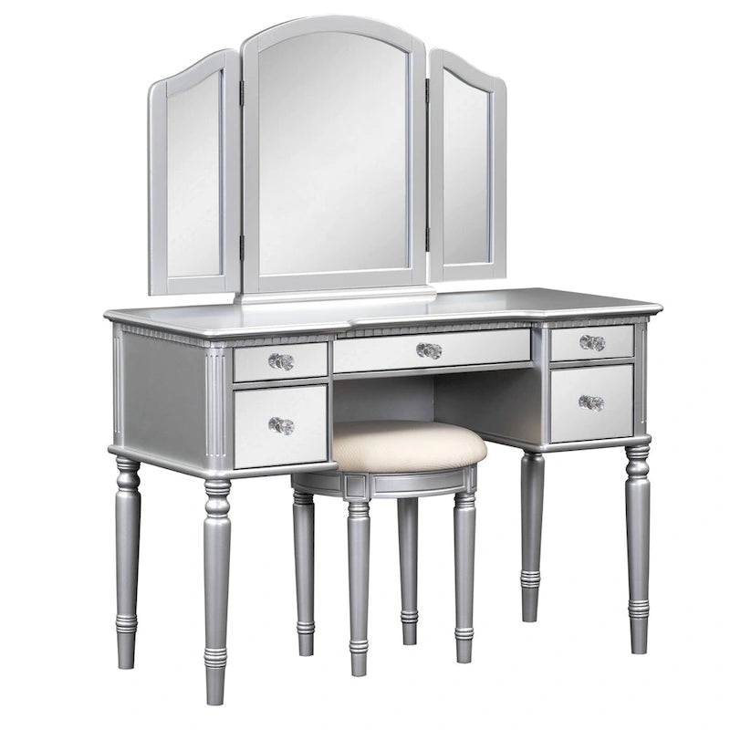 Vanity Set with Triple Mirror - 5 Drawers, Acacia Wood Legs, Upholstered Stool, French-Inspired, Engineered Wood