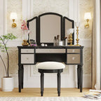 Vanity Set with Triple Mirror - 5 Drawers, Acacia Wood Legs, Upholstered Stool, French-Inspired, Engineered Wood