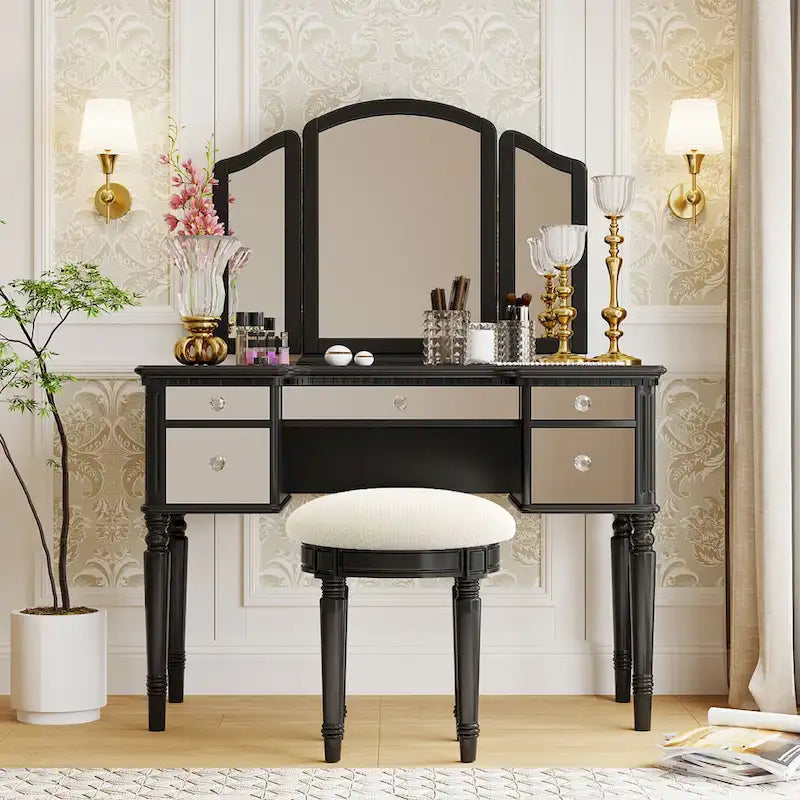 Vanity Set with Triple Mirror - 5 Drawers, Acacia Wood Legs, Upholstered Stool, French-Inspired, Engineered Wood