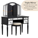 Vanity Set with Triple Mirror - 5 Drawers, Acacia Wood Legs, Upholstered Stool, French-Inspired, Engineered Wood