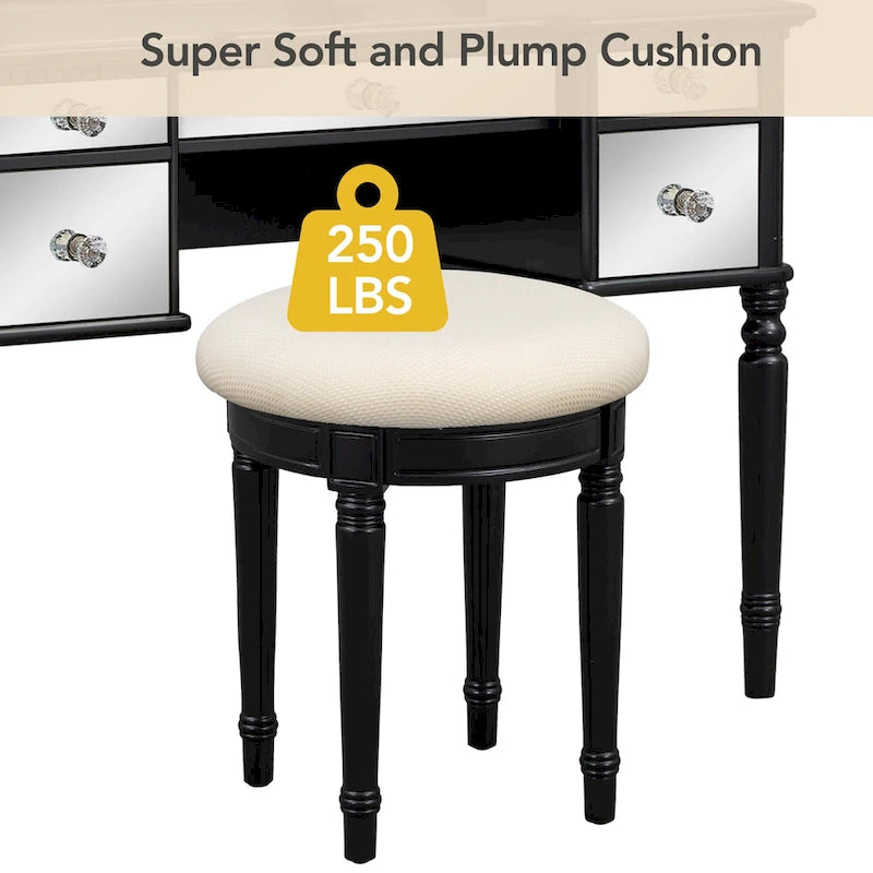 Vanity Set with Triple Mirror - 5 Drawers, Acacia Wood Legs, Upholstered Stool, French-Inspired, Engineered Wood