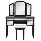 Vanity Set with Triple Mirror - 5 Drawers, Acacia Wood Legs, Upholstered Stool, French-Inspired, Engineered Wood