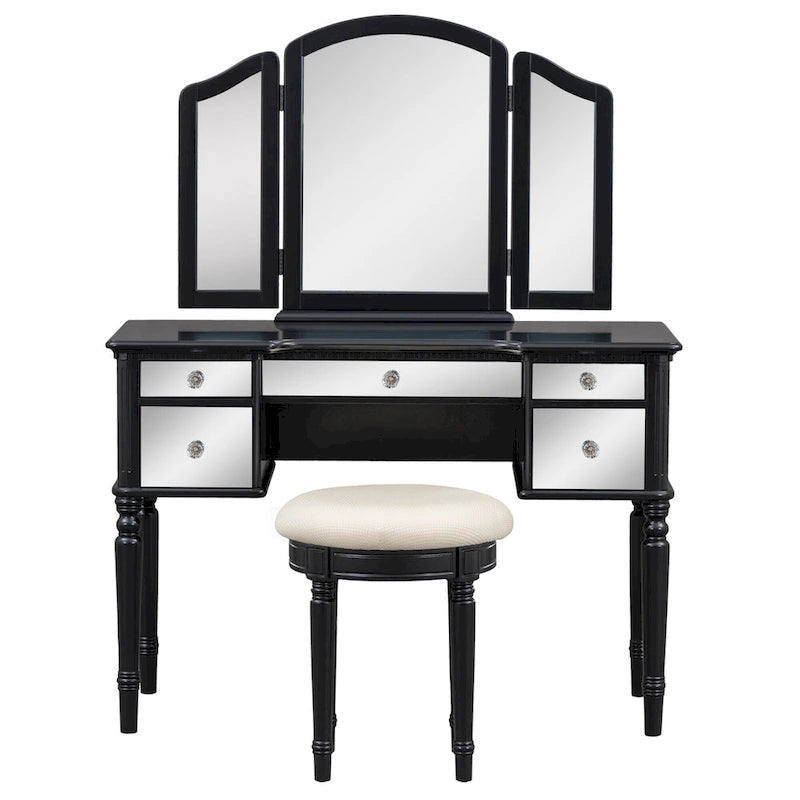 Vanity Set with Triple Mirror - 5 Drawers, Acacia Wood Legs, Upholstered Stool, French-Inspired, Engineered Wood