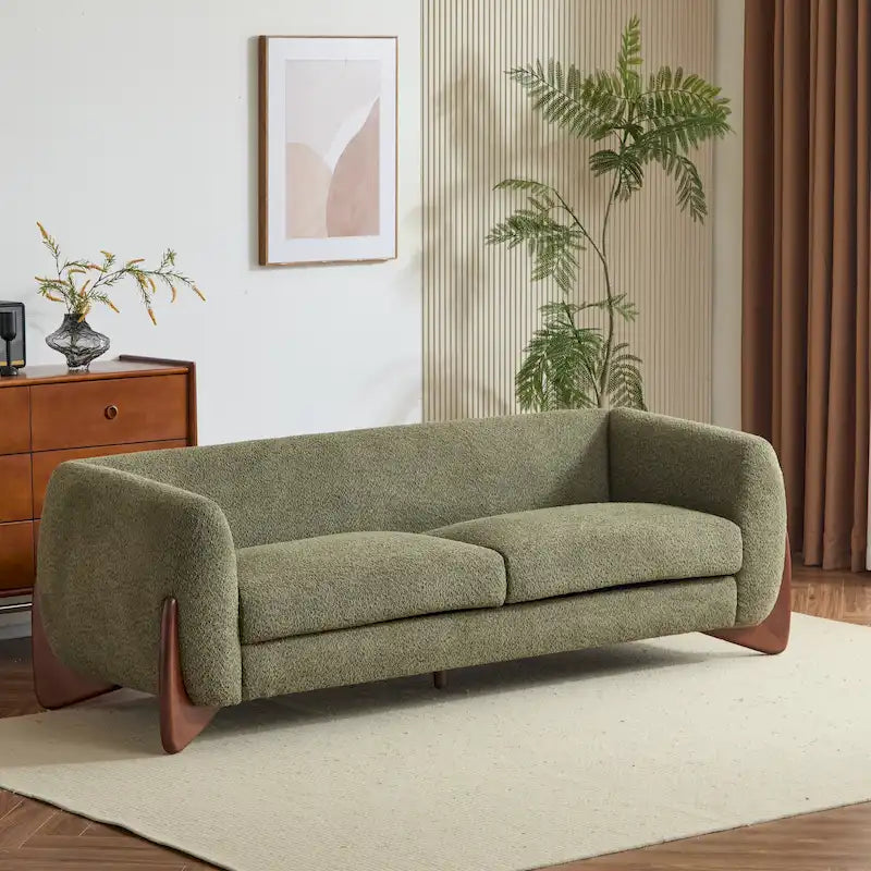 Upholstered Boucle 3-Seat Sofa Birch Wood Legs Removable Cushions Contemporary Design 82.75W Living Room Couch