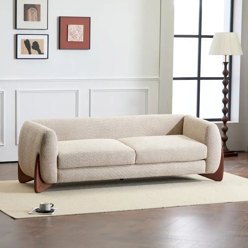 Upholstered Boucle 3-Seat Sofa Birch Wood Legs Removable Cushions Contemporary Design 82.75W Living Room Couch