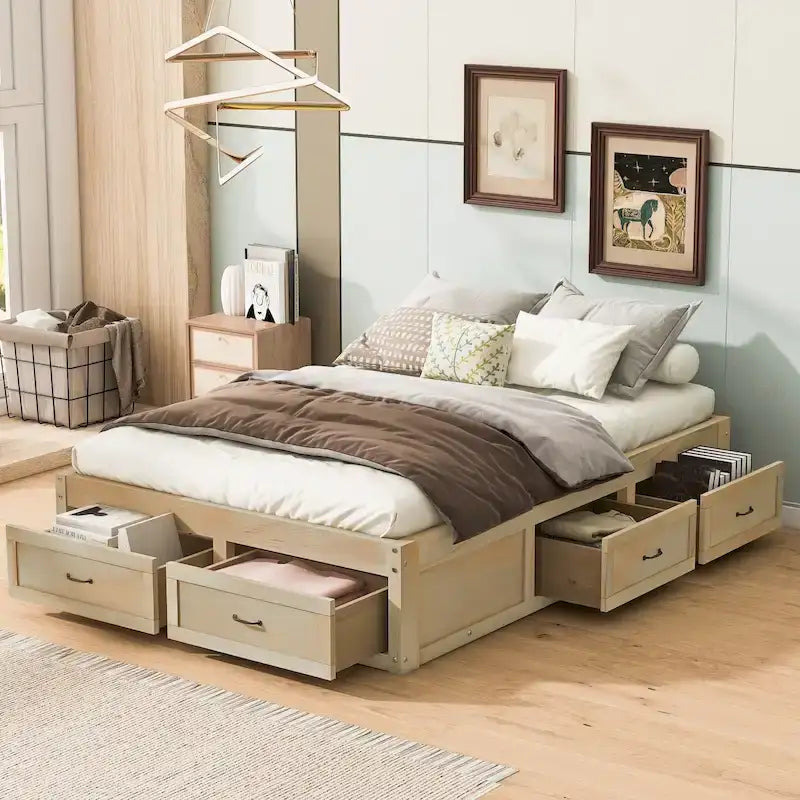Full Size Platform Bed with 6 Storage Drawers - No Headboard, LVL/MDF, 350lbs Capacity, 3 Color Options