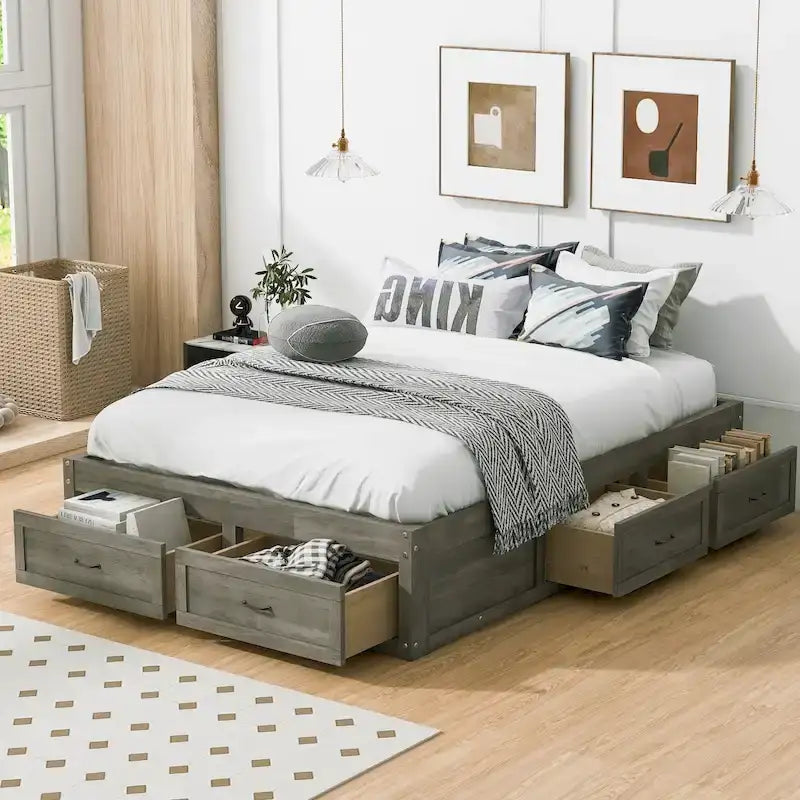 Full Size Platform Bed with 6 Storage Drawers - No Headboard, LVL/MDF, 350lbs Capacity, 3 Color Options