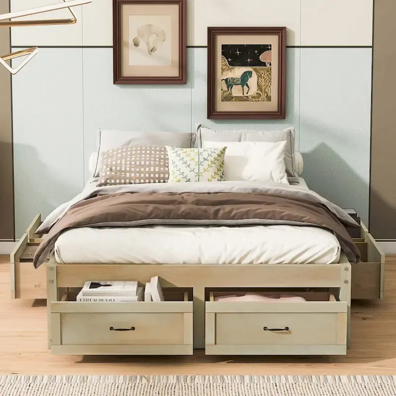 Full Size Platform Bed with 6 Storage Drawers - No Headboard, LVL/MDF, 350lbs Capacity, 3 Color Options
