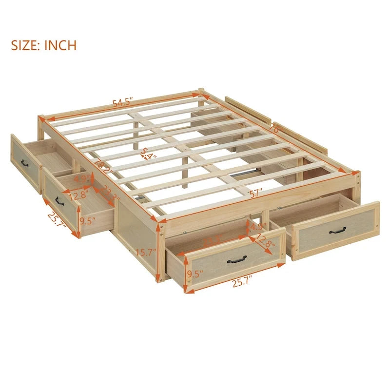 Full Size Platform Bed with 6 Storage Drawers - No Headboard, LVL/MDF, 350lbs Capacity, 3 Color Options