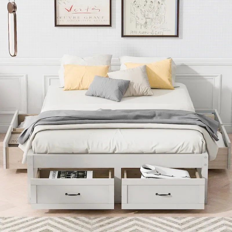 Full Size Platform Bed with 6 Storage Drawers - No Headboard, LVL/MDF, 350lbs Capacity, 3 Color Options
