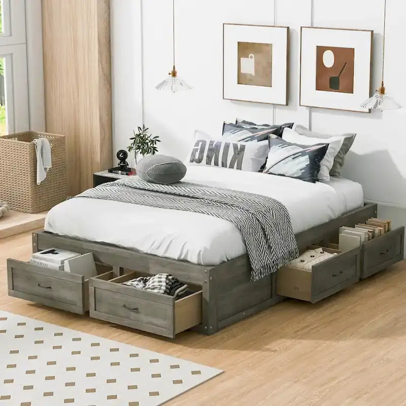 Full Size Platform Bed with 6 Storage Drawers - No Headboard, LVL/MDF, 350lbs Capacity, 3 Color Options