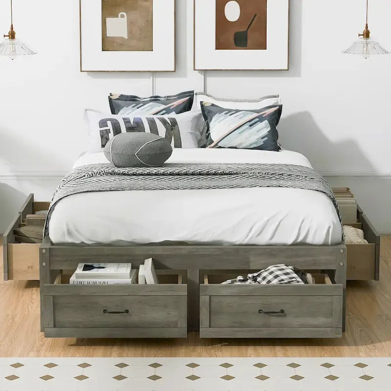 Full Size Platform Bed with 6 Storage Drawers - No Headboard, LVL/MDF, 350lbs Capacity, 3 Color Options