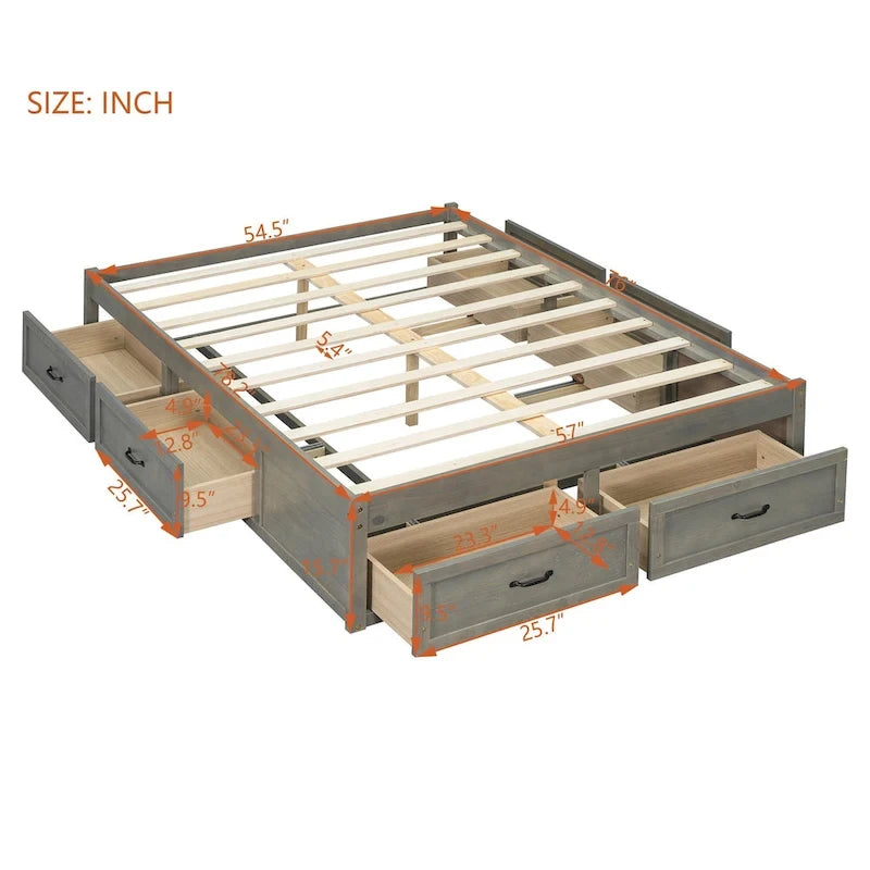 Full Size Platform Bed with 6 Storage Drawers - No Headboard, LVL/MDF, 350lbs Capacity, 3 Color Options