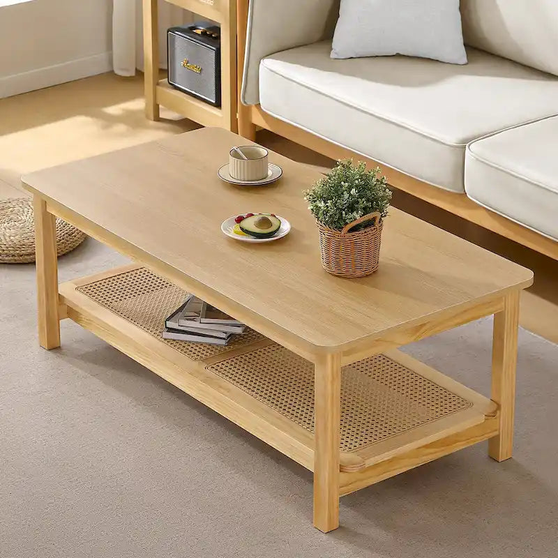 47.2" Coffee Table with Rattan Shelf - 2-Tier, MDF Top, Pine Wood Frame, 170lbs Capacity, Farmhouse Style