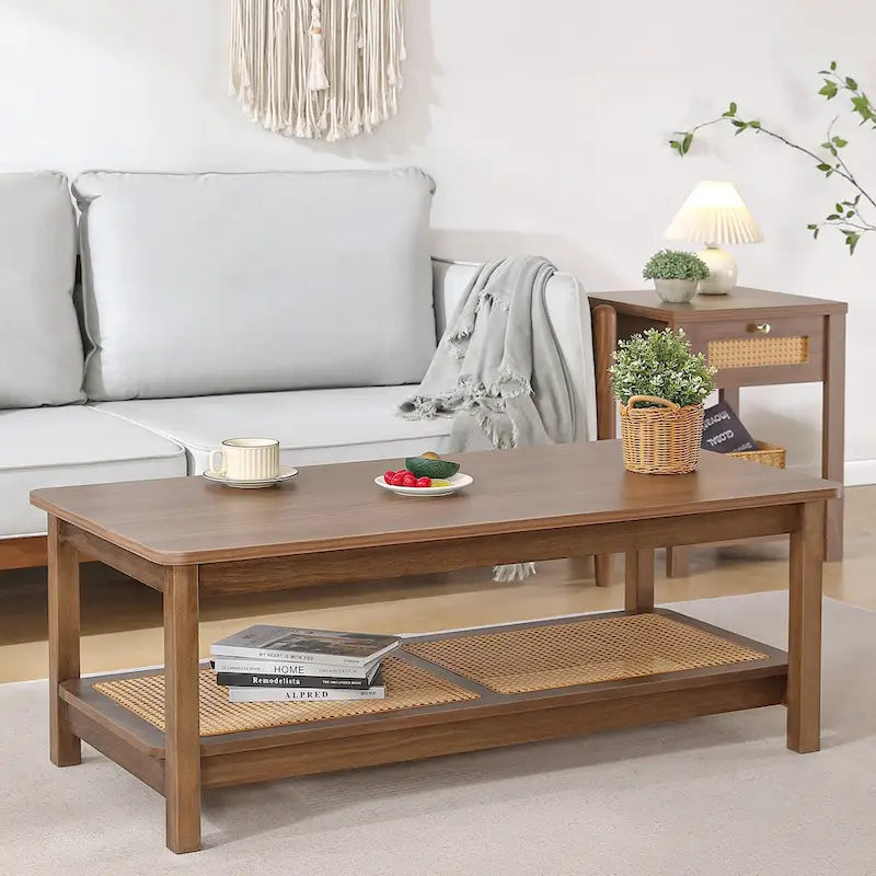 47.2" Coffee Table with Rattan Shelf - 2-Tier, MDF Top, Pine Wood Frame, 170lbs Capacity, Farmhouse Style
