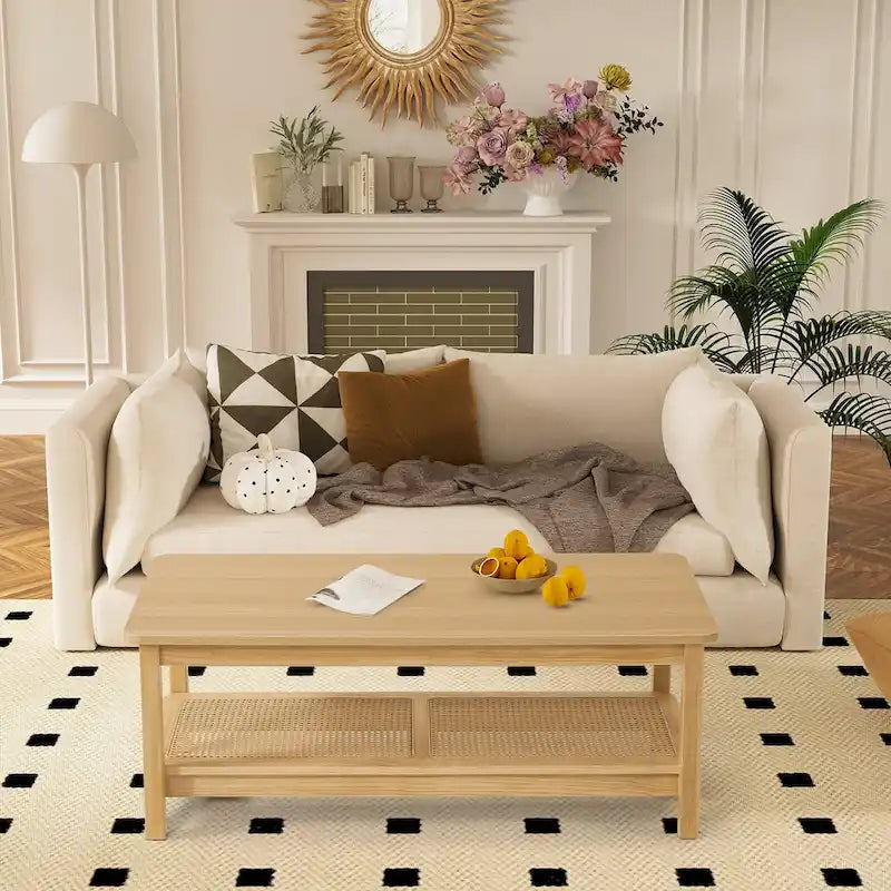 47.2" Coffee Table with Rattan Shelf - 2-Tier, MDF Top, Pine Wood Frame, 170lbs Capacity, Farmhouse Style