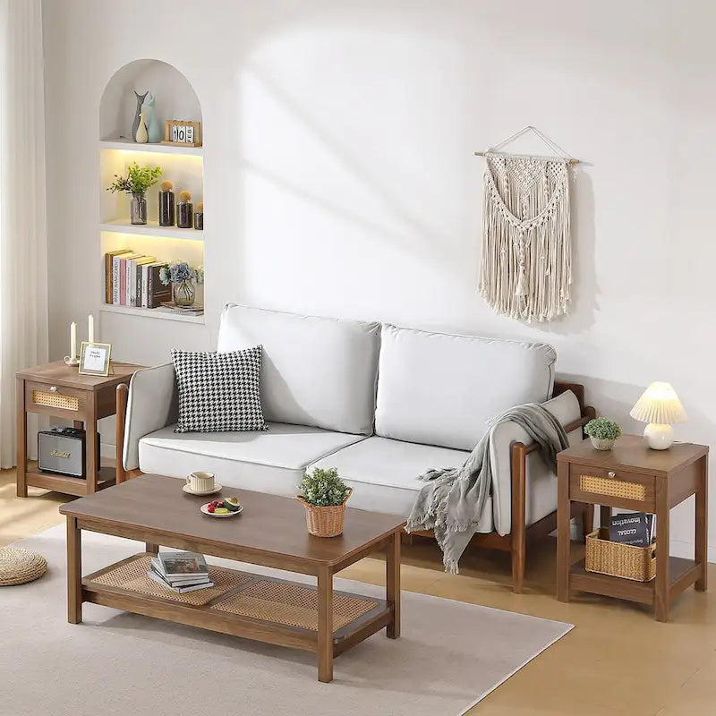 47.2" Coffee Table with Rattan Shelf - 2-Tier, MDF Top, Pine Wood Frame, 170lbs Capacity, Farmhouse Style