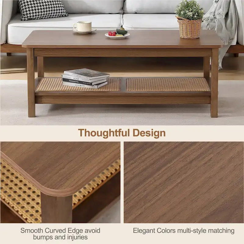 47.2" Coffee Table with Rattan Shelf - 2-Tier, MDF Top, Pine Wood Frame, 170lbs Capacity, Farmhouse Style
