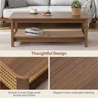 47.2" Coffee Table with Rattan Shelf - 2-Tier, MDF Top, Pine Wood Frame, 170lbs Capacity, Farmhouse Style