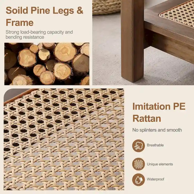 47.2" Coffee Table with Rattan Shelf - 2-Tier, MDF Top, Pine Wood Frame, 170lbs Capacity, Farmhouse Style