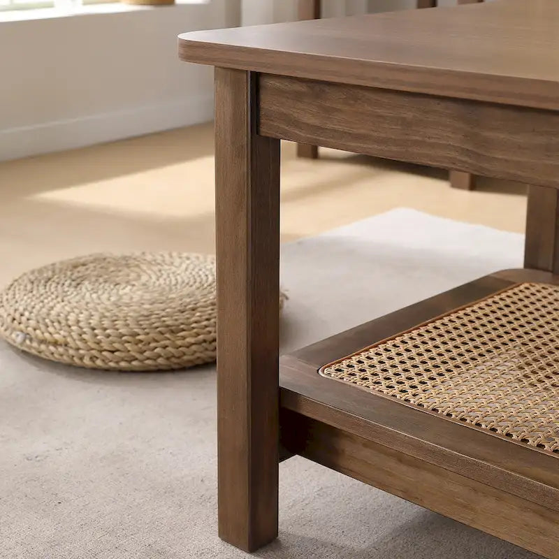 47.2" Coffee Table with Rattan Shelf - 2-Tier, MDF Top, Pine Wood Frame, 170lbs Capacity, Farmhouse Style