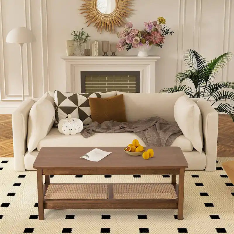 47.2" Coffee Table with Rattan Shelf - 2-Tier, MDF Top, Pine Wood Frame, 170lbs Capacity, Farmhouse Style