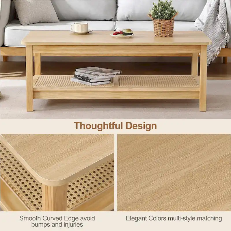 47.2" Coffee Table with Rattan Shelf - 2-Tier, MDF Top, Pine Wood Frame, 170lbs Capacity, Farmhouse Style