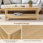47.2" Coffee Table with Rattan Shelf - 2-Tier, MDF Top, Pine Wood Frame, 170lbs Capacity, Farmhouse Style