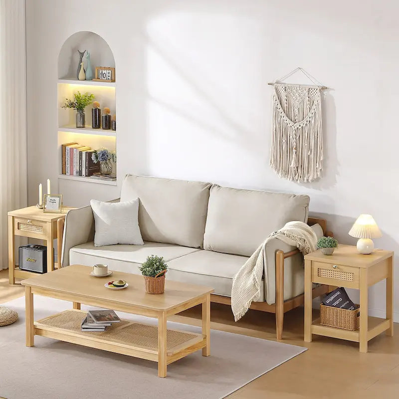 47.2" Coffee Table with Rattan Shelf - 2-Tier, MDF Top, Pine Wood Frame, 170lbs Capacity, Farmhouse Style