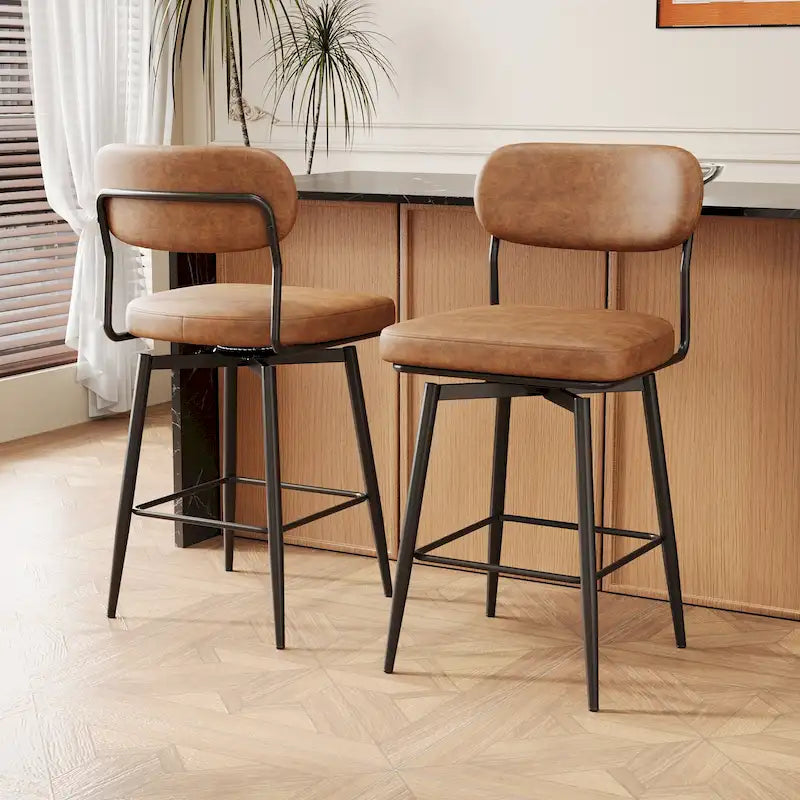 Swivel Bar Stools Set of 2 - Leather Upholstered Counter Height Chairs with Iron Base - 360° Rotation for Kitchen Island Home Bar Office