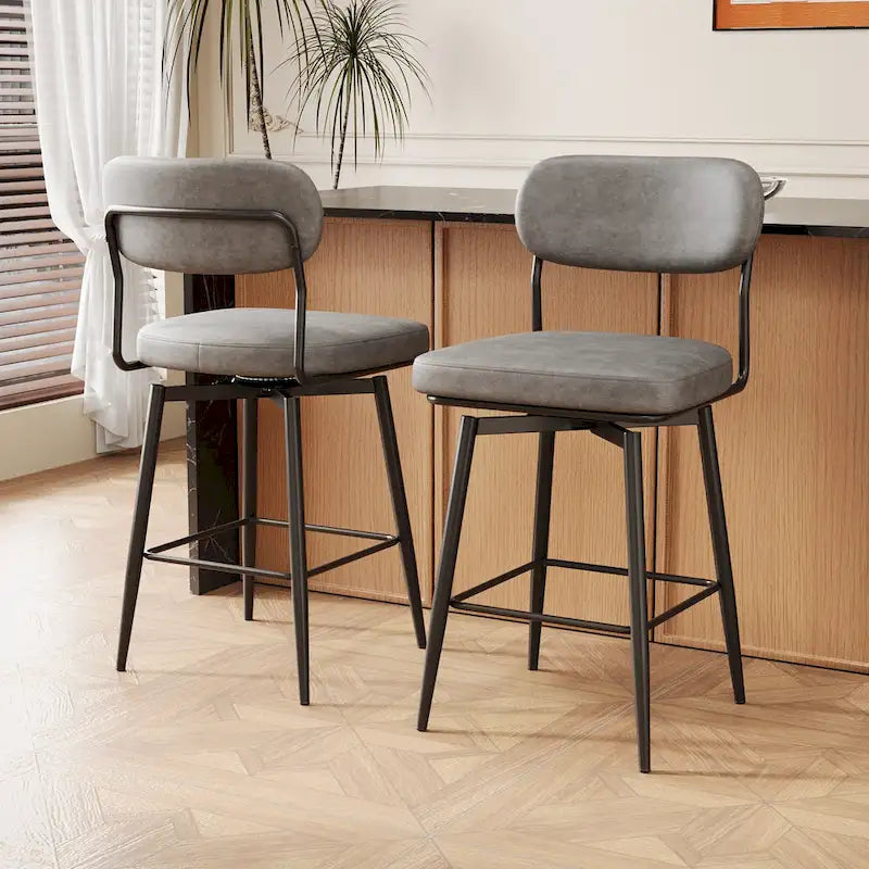 Swivel Bar Stools Set of 2 - Leather Upholstered Counter Height Chairs with Iron Base - 360° Rotation for Kitchen Island Home Bar Office