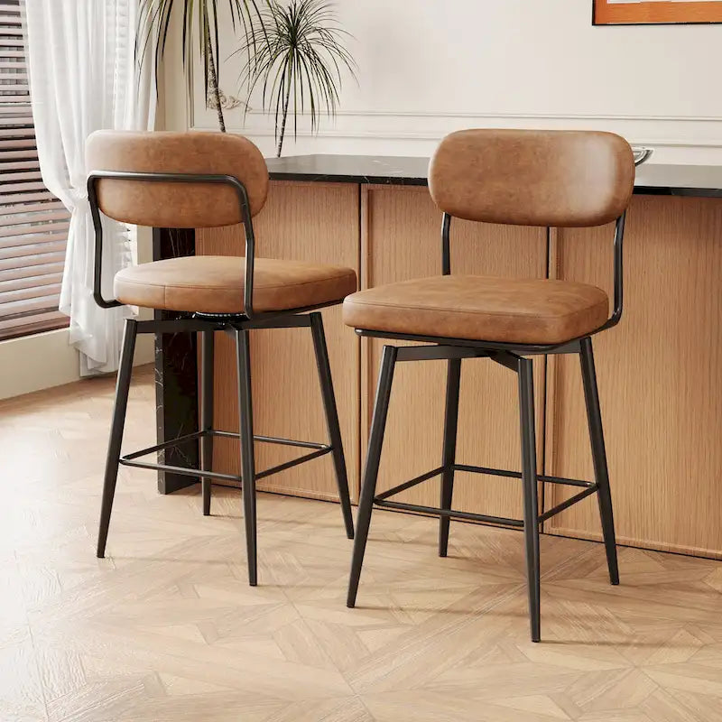 Swivel Bar Stools Set of 2 - Leather Upholstered Counter Height Chairs with Iron Base - 360° Rotation for Kitchen Island Home Bar Office