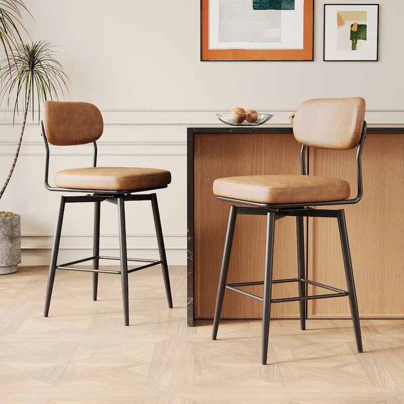 Swivel Bar Stools Set of 2 - Leather Upholstered Counter Height Chairs with Iron Base - 360° Rotation for Kitchen Island Home Bar Office