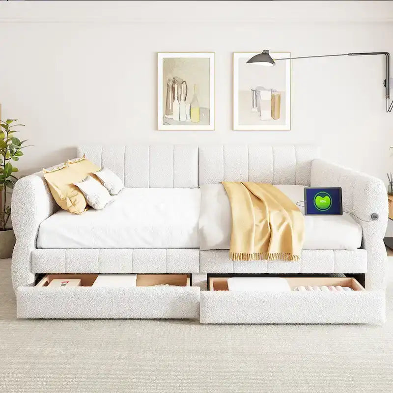 Queen Upholstered Platform Bed with USB Charging & 4 Storage Drawers - Lambswool Fabric, 600lbs Capacity