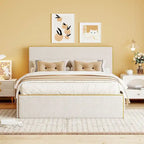 Full Size Upholstered Platform Bed with 4 Storage Drawers - Fleece Fabric, Golden Edge Headboard, Solid Wood Slats, 220lbs