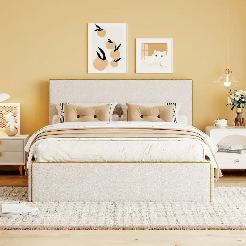 Full Size Upholstered Platform Bed with 4 Storage Drawers - Fleece Fabric, Golden Edge Headboard, Solid Wood Slats, 220lbs
